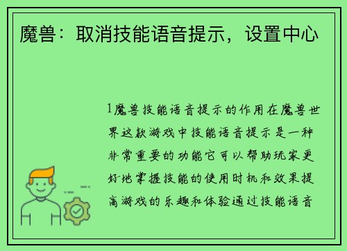 魔兽：取消技能语音提示，设置中心